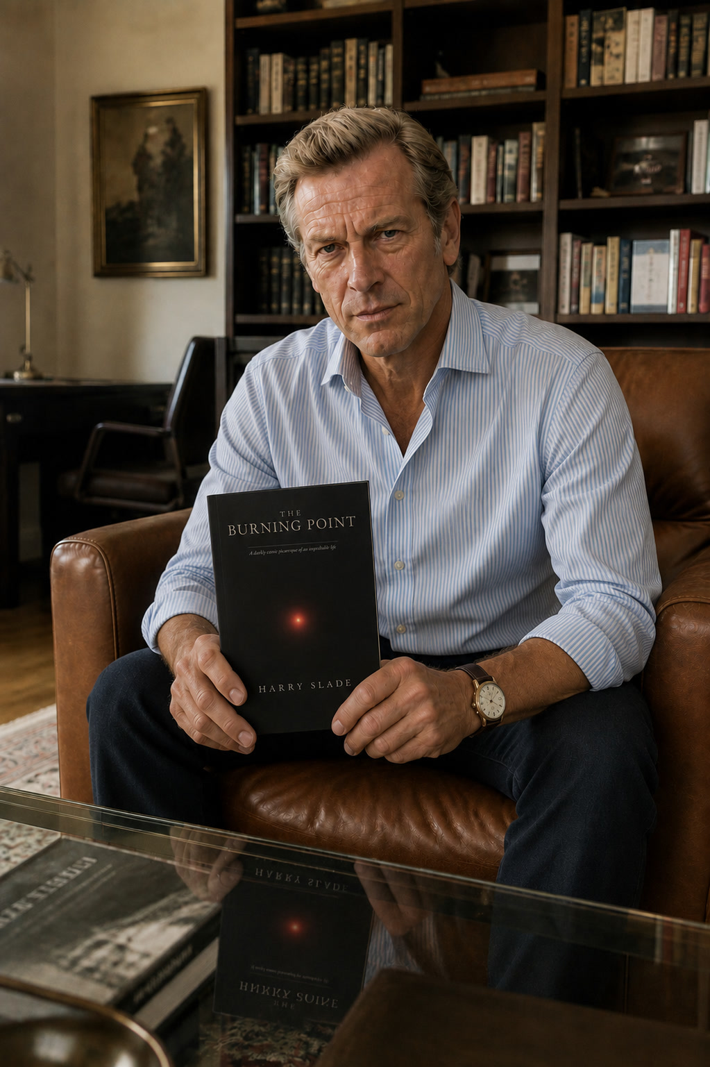 Harry Slade holding a copy of The Burning Point